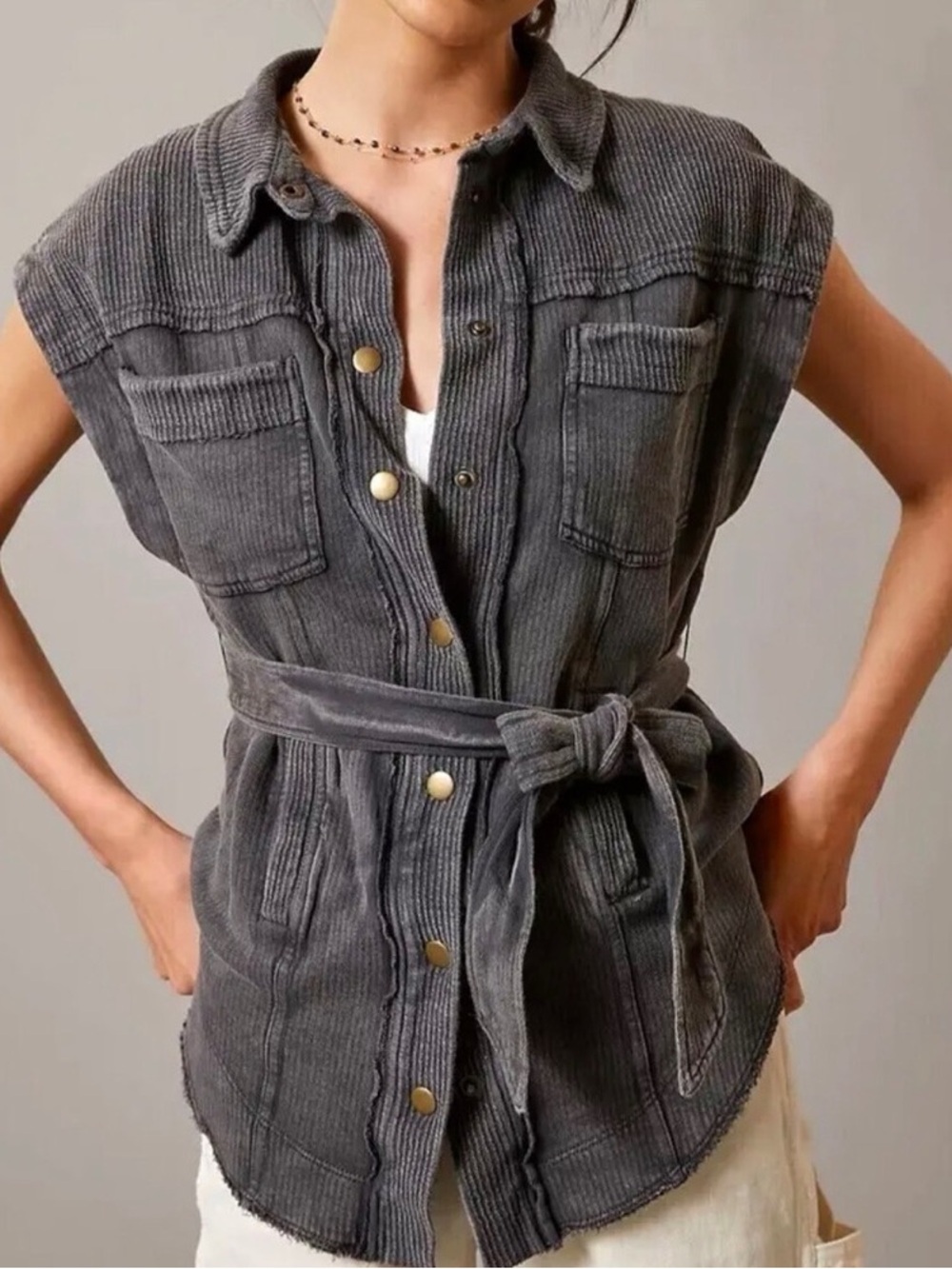 Pilcro belted vest grey cotton utility layering tie waist xl distressed anthro